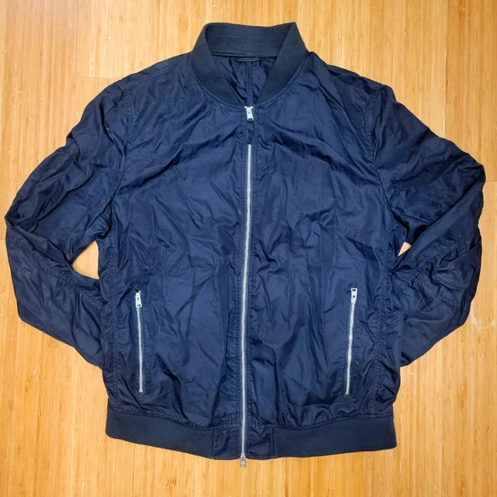AllSaints Men’s Black Bomber Jacket Streetwear Zip-Up Lightweight Designer Coat
